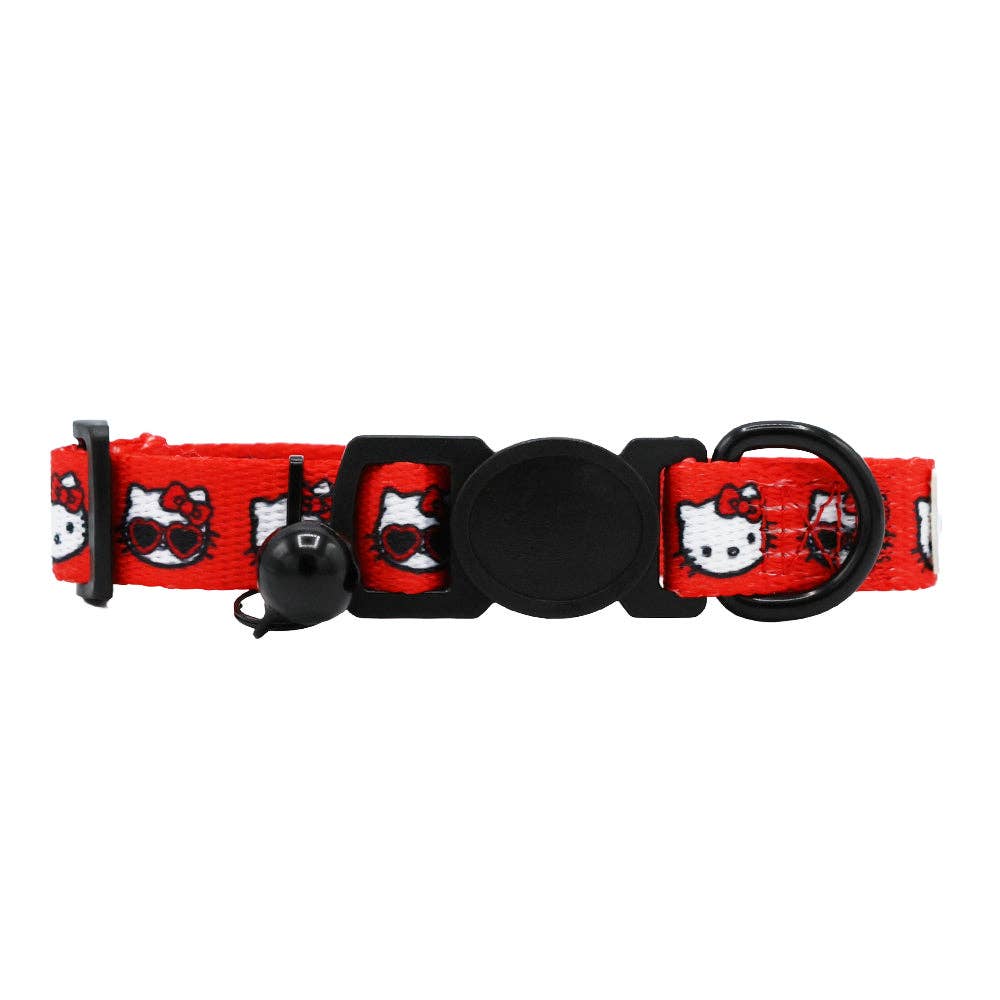 Red and black dog collar with Hello Kitty design on a white background