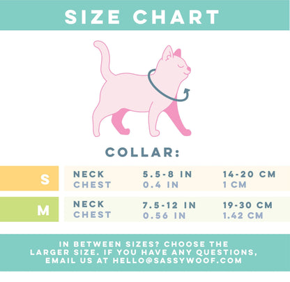 Collar size chart with a pink cat illustration and measurement details.