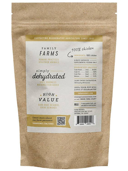 Kraft paper bag with a label for Family Farms dehydrated chicken product on a white background