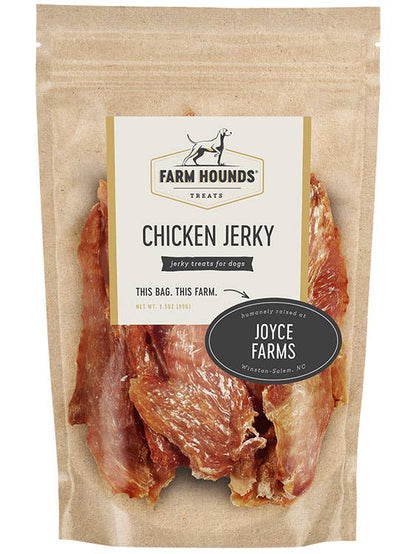 Package of Farm Hounds Chicken Jerky for dogs with visible branding on a white background