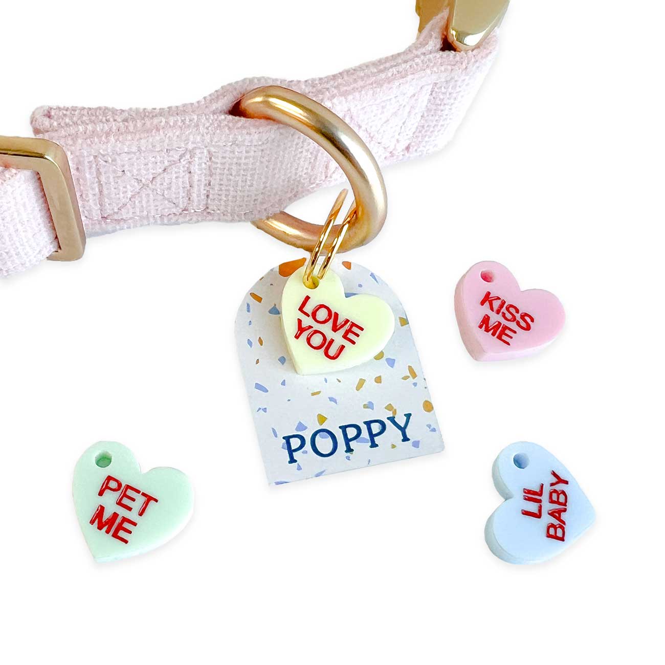 Set of heart-shaped pet tags with personalized names on a white background