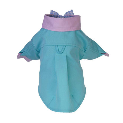 Pet shirt with turquoise body and pink trim on a white background