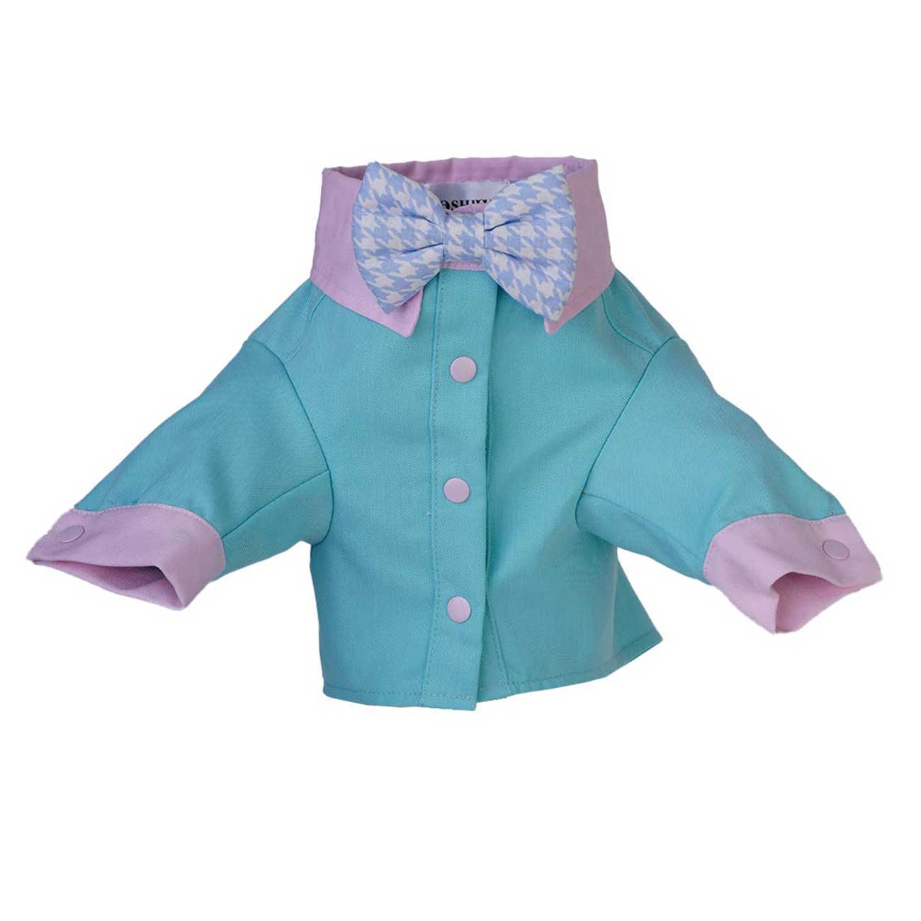 Turquoise shirt with pink accents and a bow tie on a white background