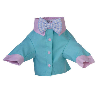 Turquoise shirt with pink accents and a bow tie on a white background