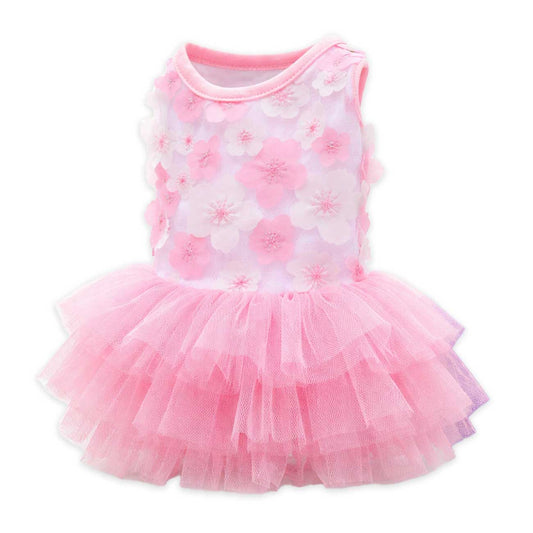 Pink dog's dress with floral pattern on a white background