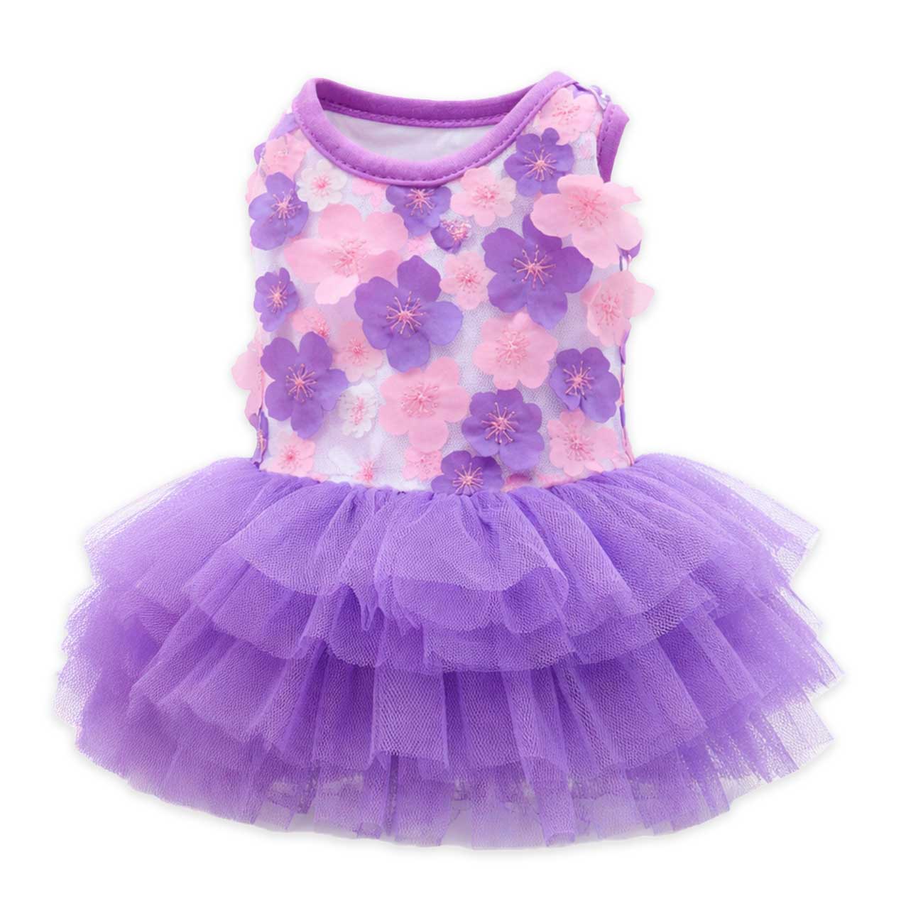 Purple pet dress with floral pattern on a white background