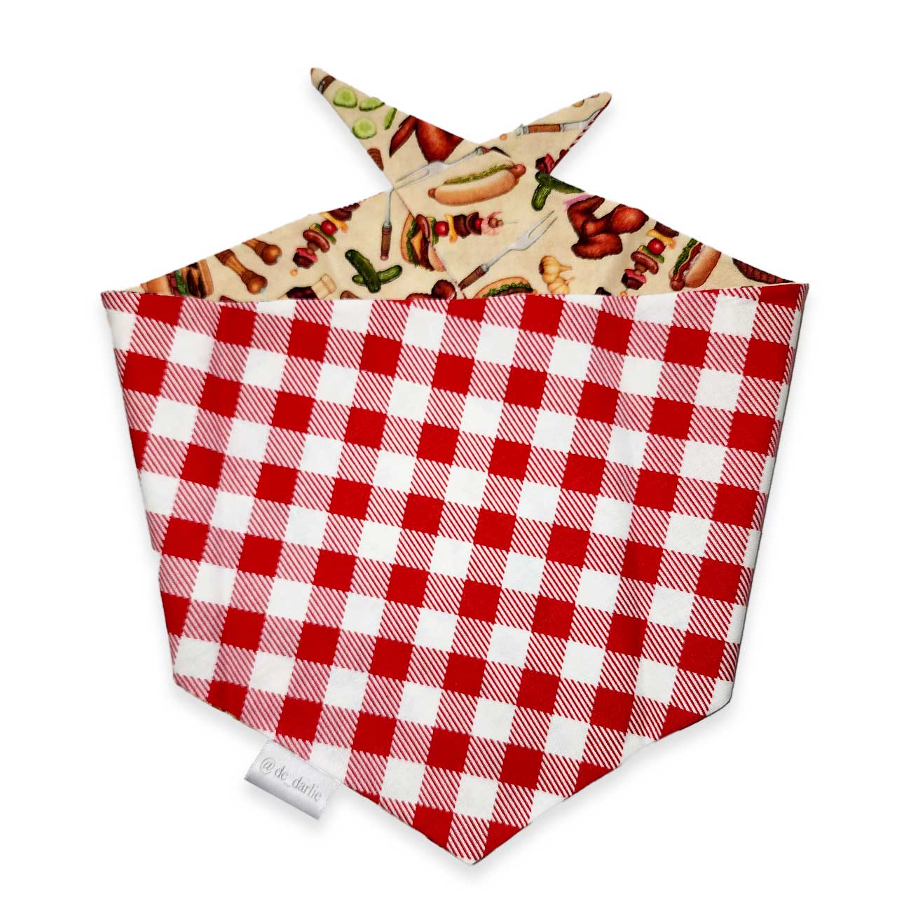 Red and white checkered fabric with printed food-themed cards on a white background