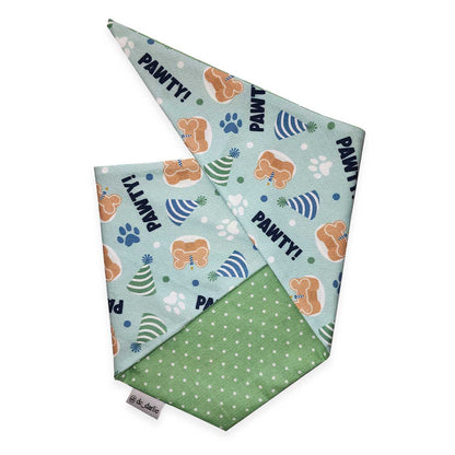 Dog bandana with paw prints and 'PAWTY!' text on a white background