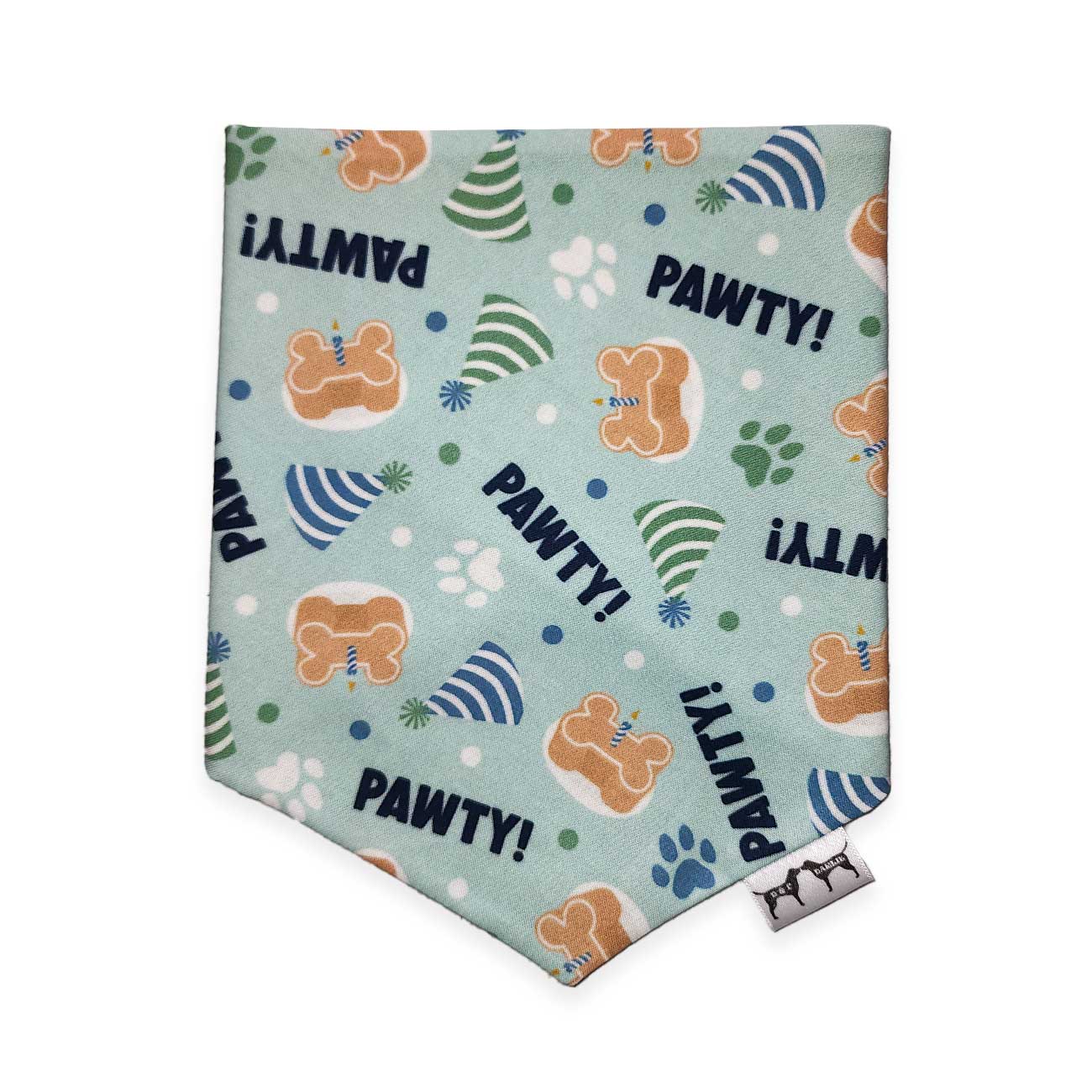 Dog bandana with 'PAWTY!' text and paw prints on a light blue background