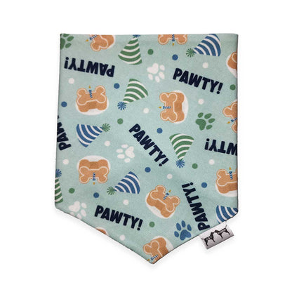 Dog bandana with 'PAWTY!' text and paw prints on a light blue background