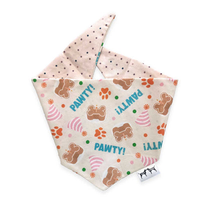 Dog bandana with paw prints and 'PAWTY!' text on a white background