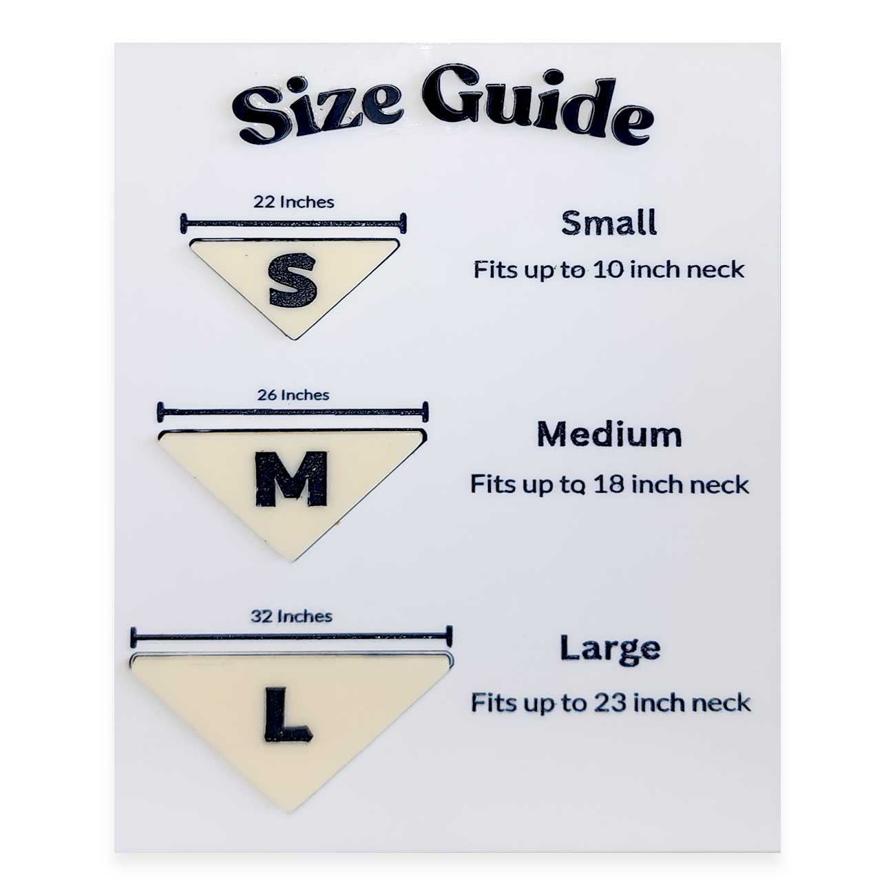 Size guide for dog bandanas with measurements and corresponding neck sizes on a white background