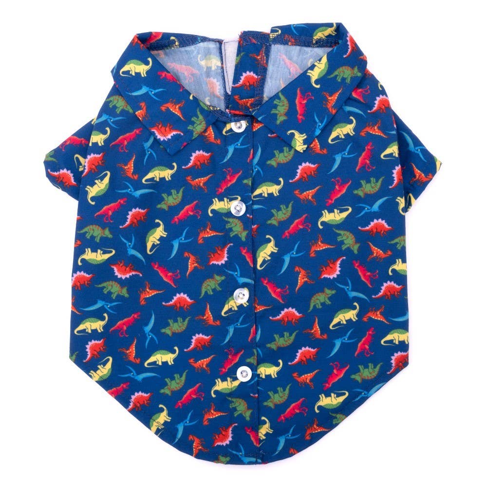 Blue shirt with colorful dinosaur pattern on a white background