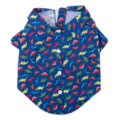 Blue shirt with colorful dinosaur pattern on a white background