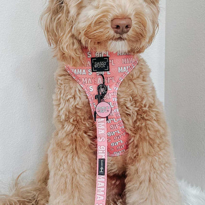 Dog wearing a pink harness with text and a brand logo on a plain background