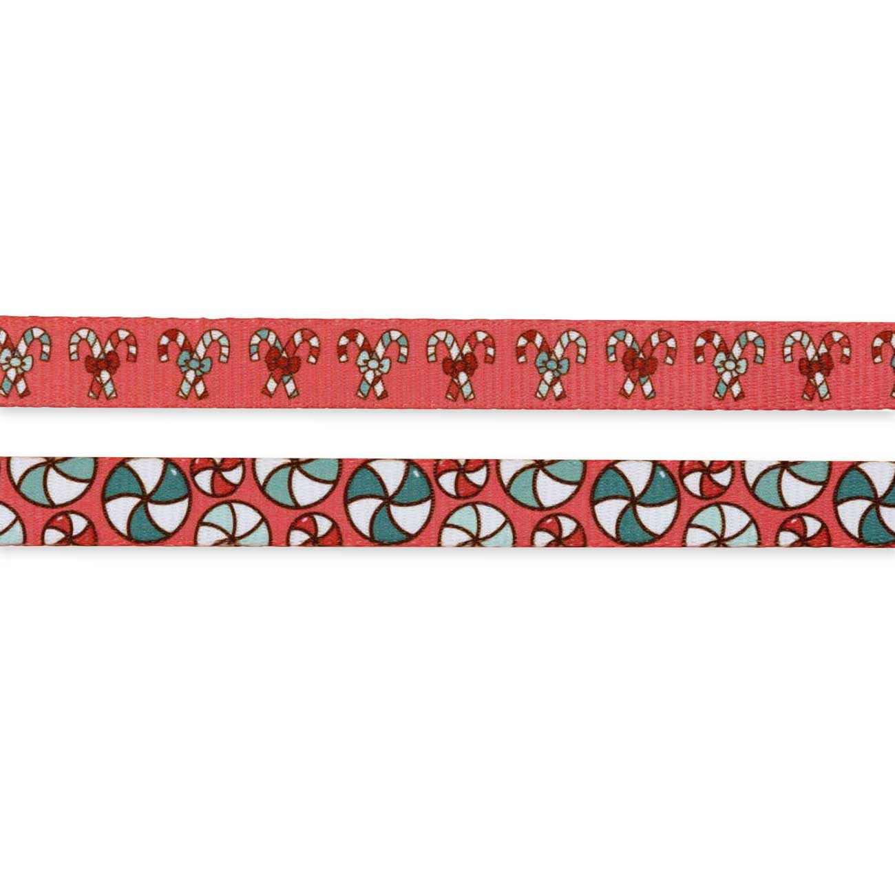 Two Christmas-themed leash close ups with candy cane and peppermint designs on a white background.