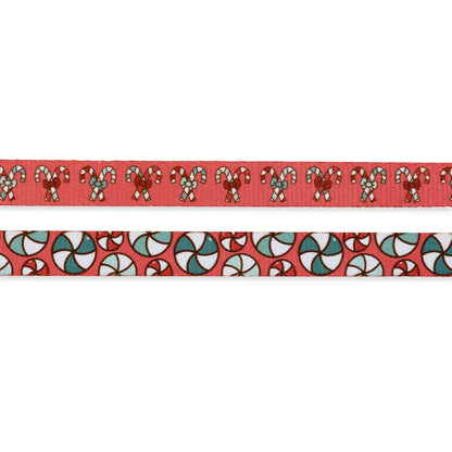 Two Christmas-themed leash close ups with candy cane and peppermint designs on a white background.