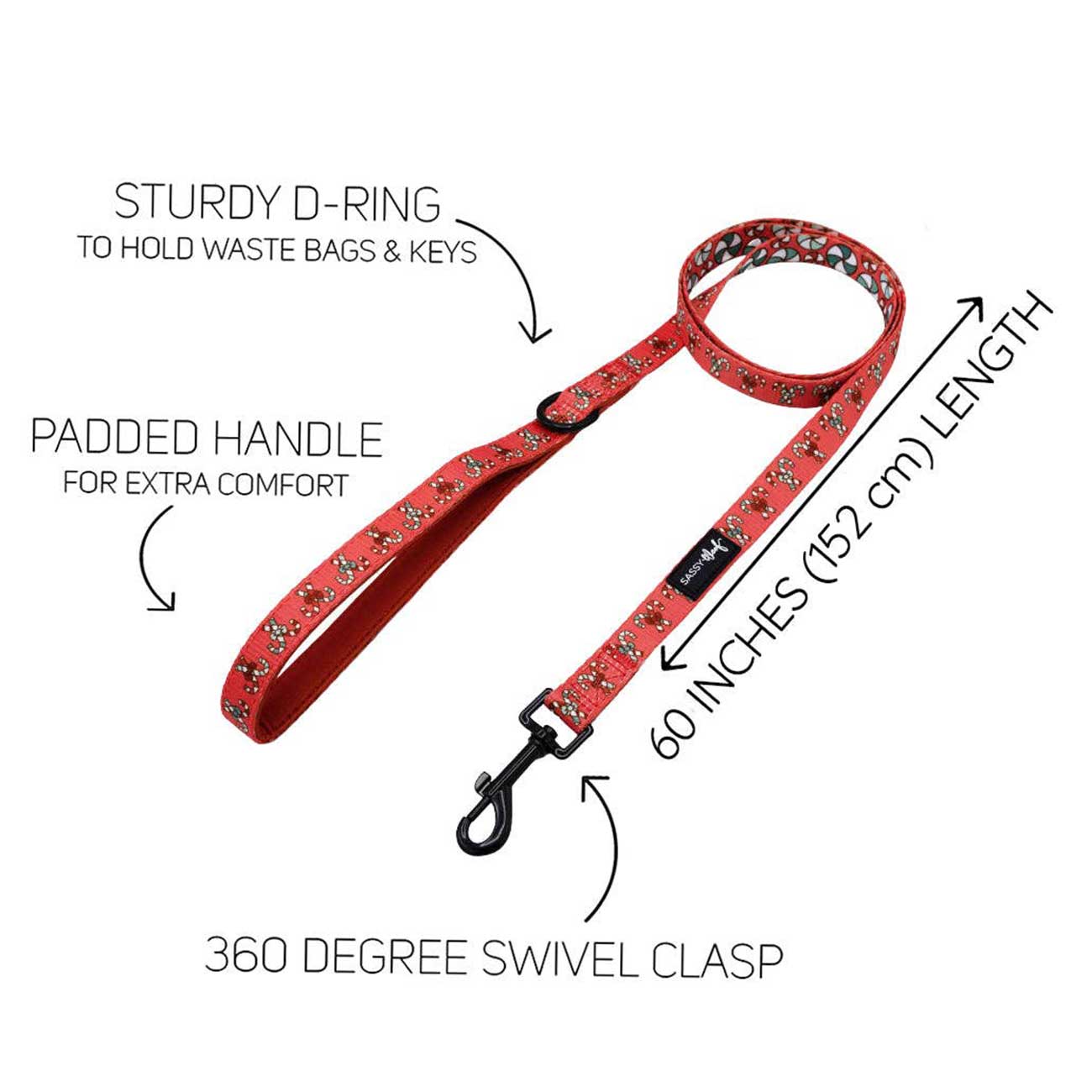 Red dog leash with candy cane pattern and product features labeled on a white background
