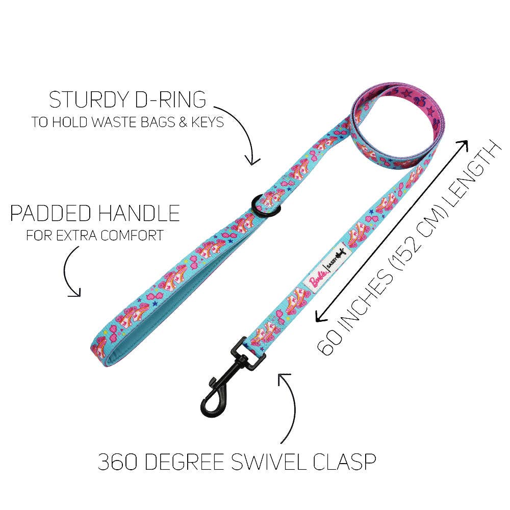 Floral-patterned dog leash with features highlighted on a white background