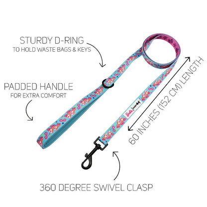 Floral-patterned dog leash with features highlighted on a white background