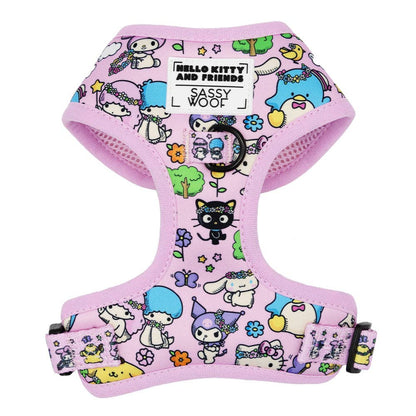 Pink dog harness with Hello Kitty and Friends design on a white background