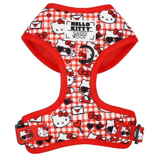 Hello Kitty-themed dog harness with red and white checkered pattern on a white background