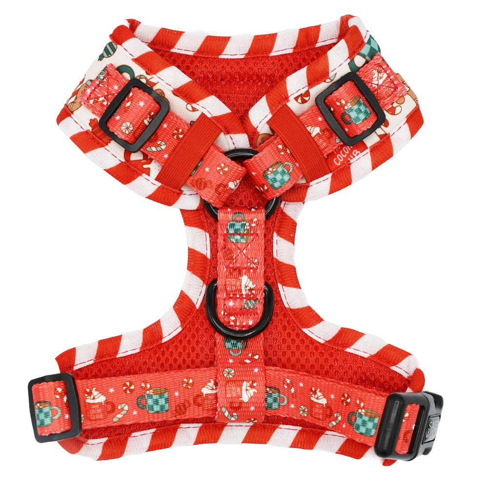 Red and white striped dog harness with festive design on a white background