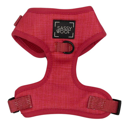 Red dog harness with 'Sassy Woof' label on a white background