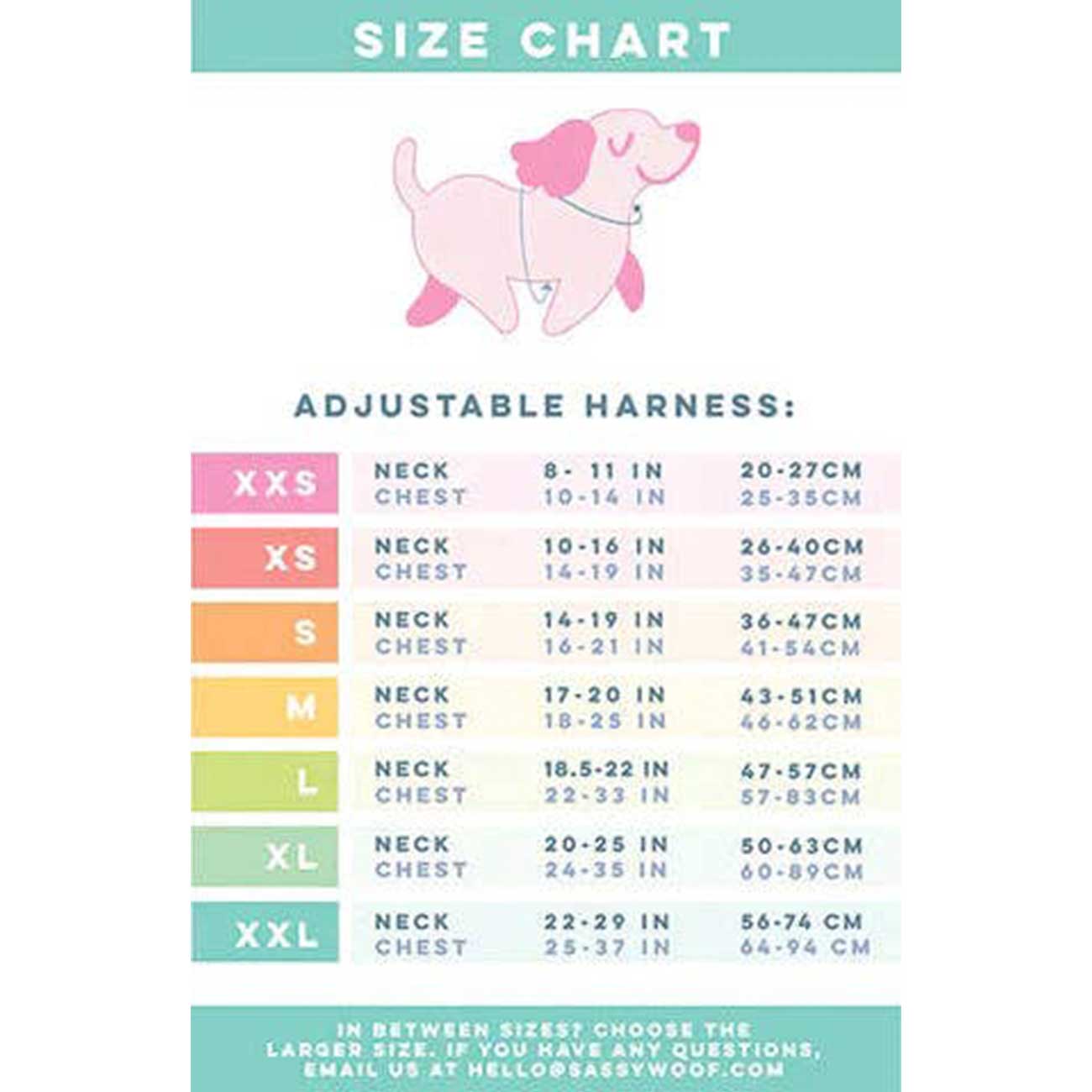 Dog harness size chart with colorful gradient and pink dog illustration on a white background