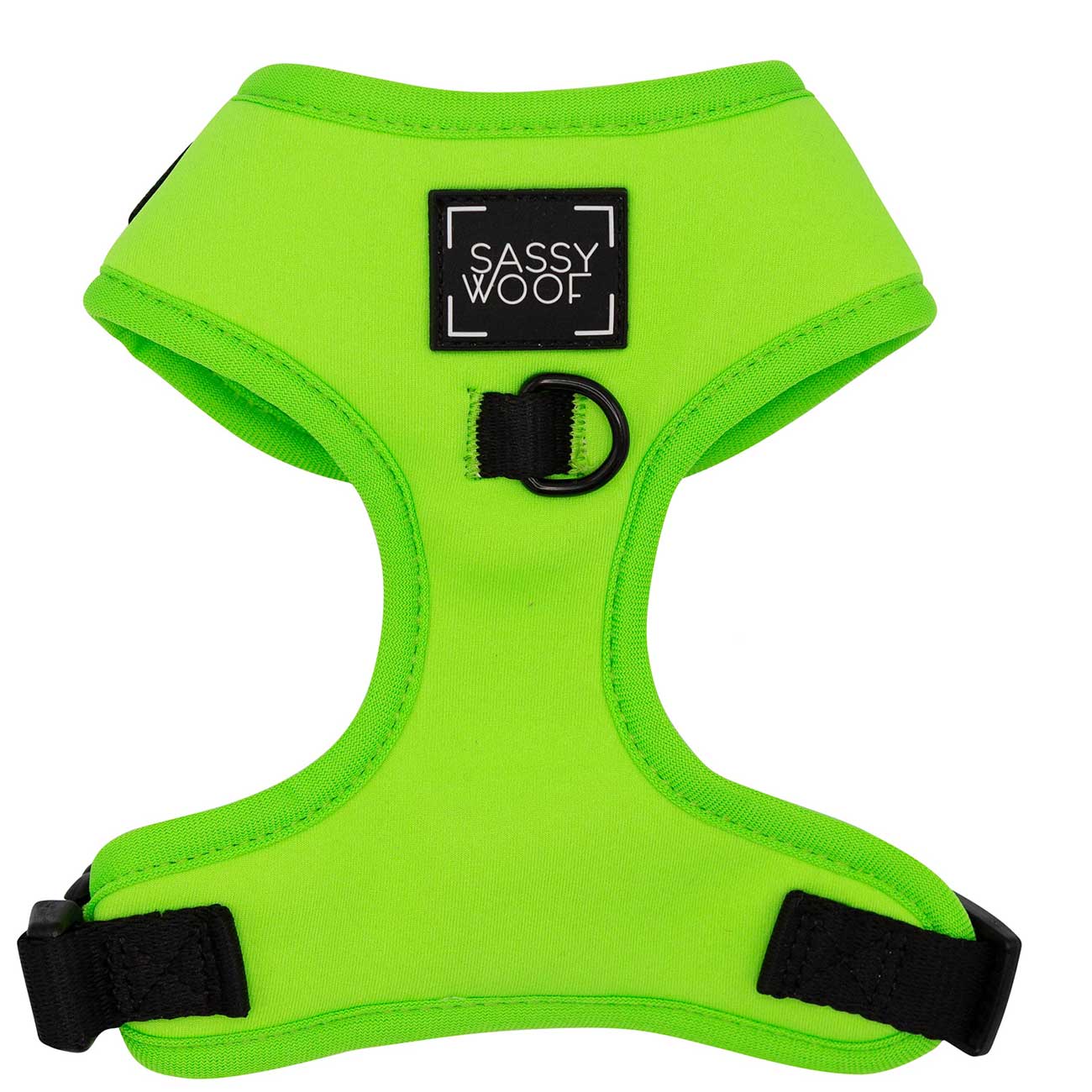 Green dog harness with 'Sassy Woof' logo on a white background