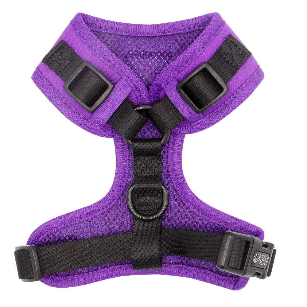 Purple dog harness with black straps on a white background