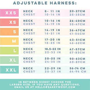 Adjustable harness size chart with neck and chest measurements in various colors.