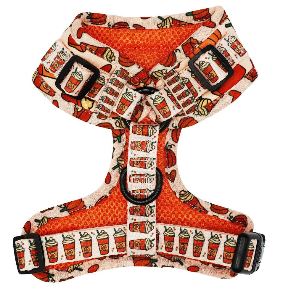 Dog harness with hot dog and bun pattern on a white background