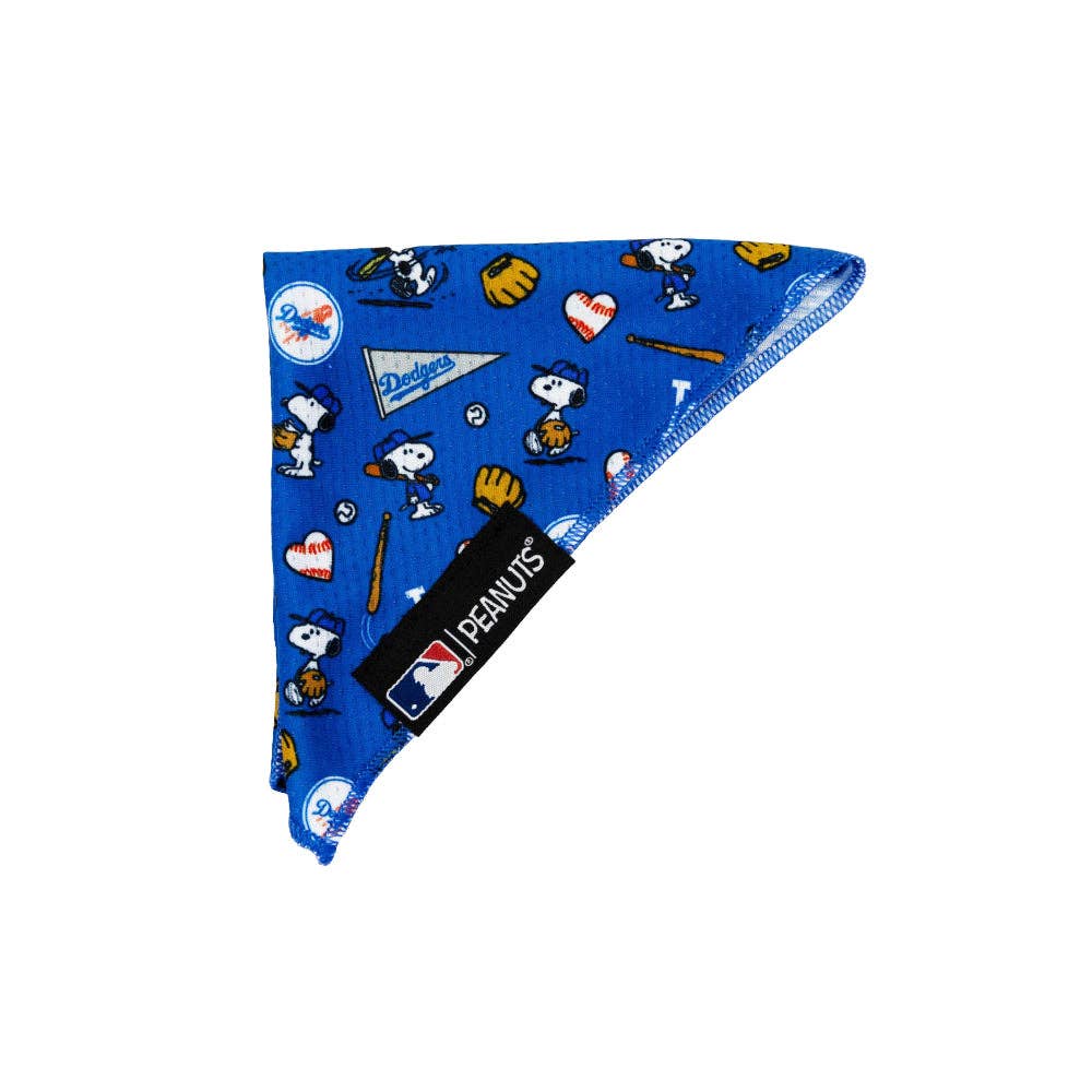Blue bandana with Snoopy and Peanuts graphics on a white background