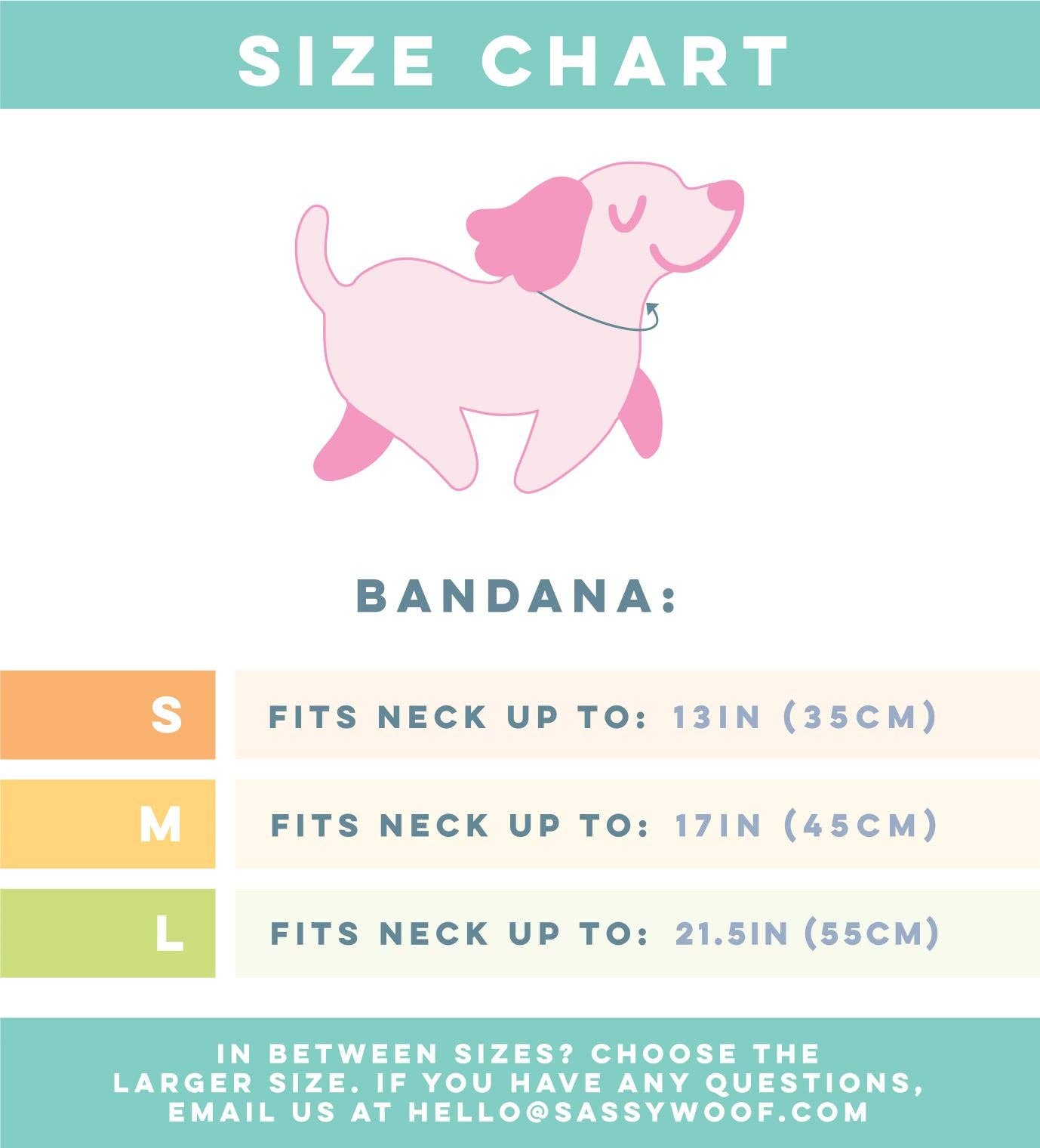 Size chart for dog bandanas with a pink cartoon dog illustration on a white background.