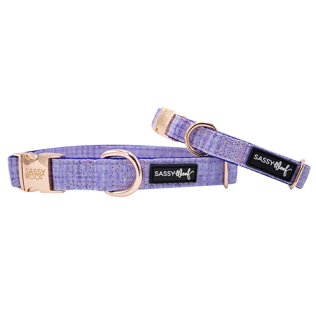 Purple dog collar with gold hardware and 'Sassy Woof' branding on a white background