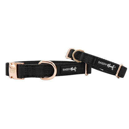 Two black dog collars with gold hardware on a white background, branded 'Sassy & Wolf'.