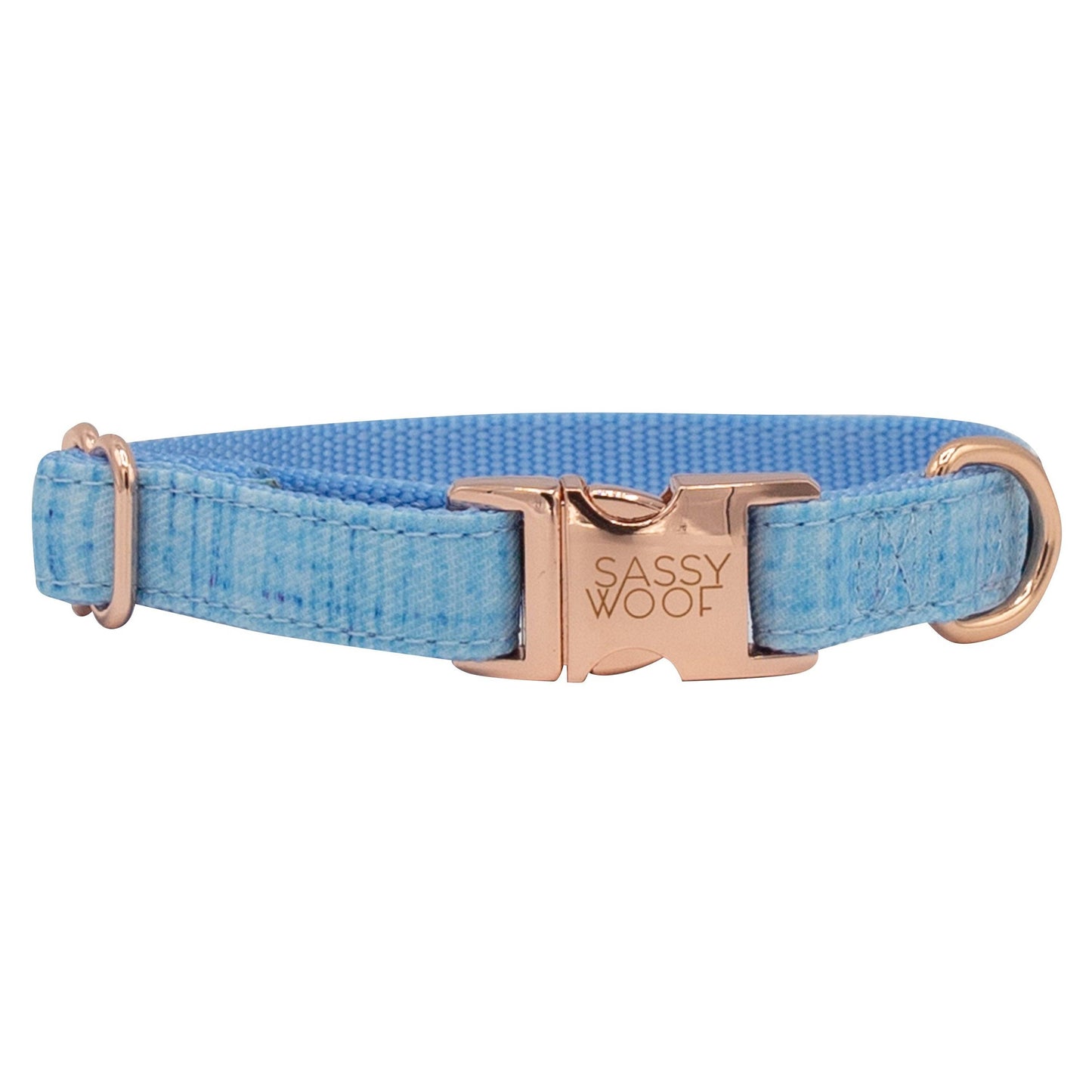 Blue dog collar with rose gold buckle on a white background