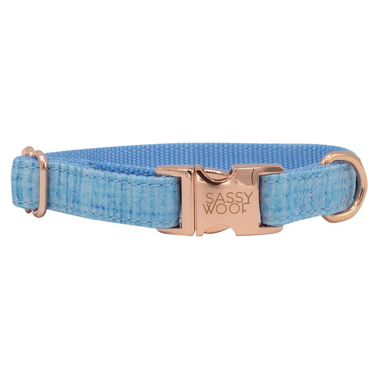 Blue dog collar with rose gold buckle on a white background