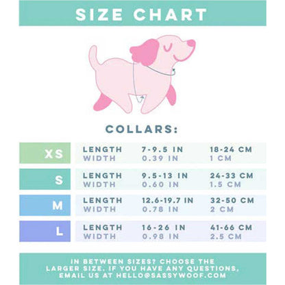 Size chart for dog collars with a pink cartoon dog illustration on a light blue background.