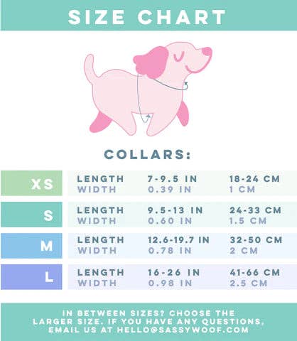 Collar size chart with a pink dog illustration on a light blue background