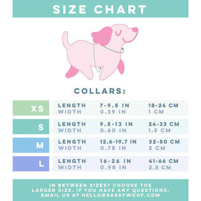 Dog collar size chart with measurements and a pink dog illustration on a white background.
