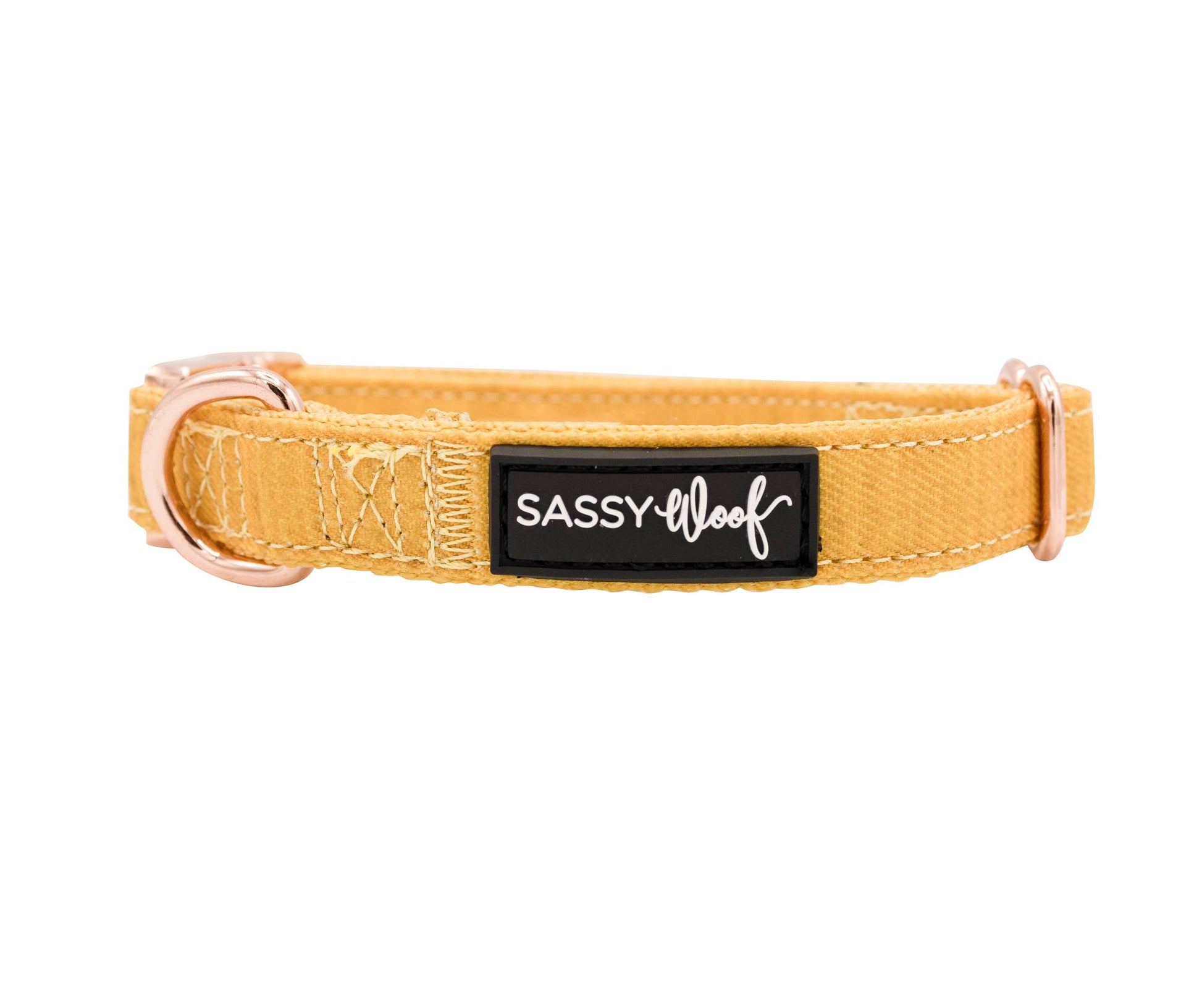 Yellow dog collar with a black label on a white background