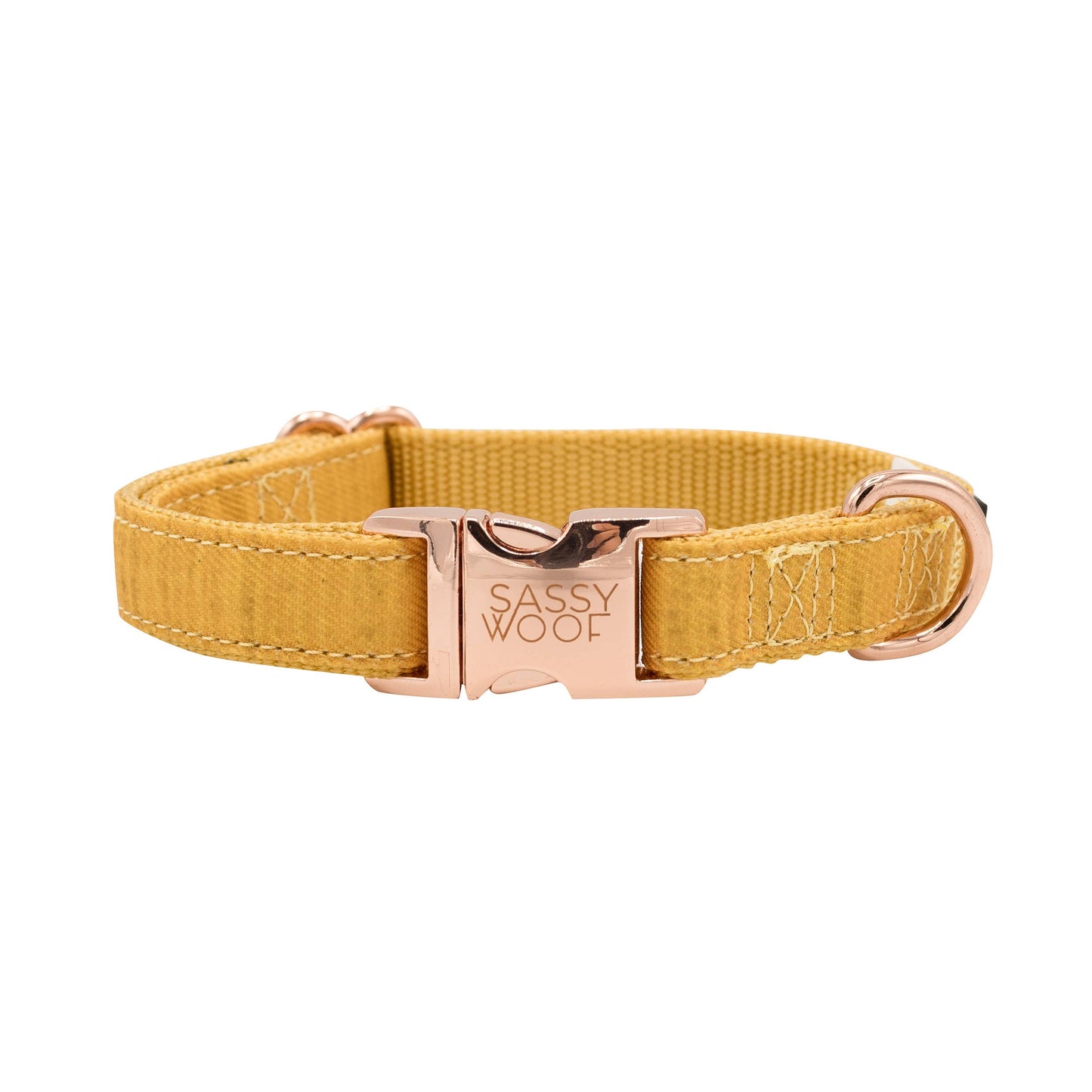 Mustard yellow dog collar with a rose gold buckle on a white background