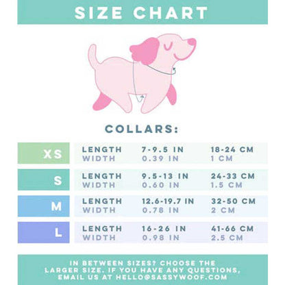 Size chart for dog collars with a pink cartoon dog illustration at the top.