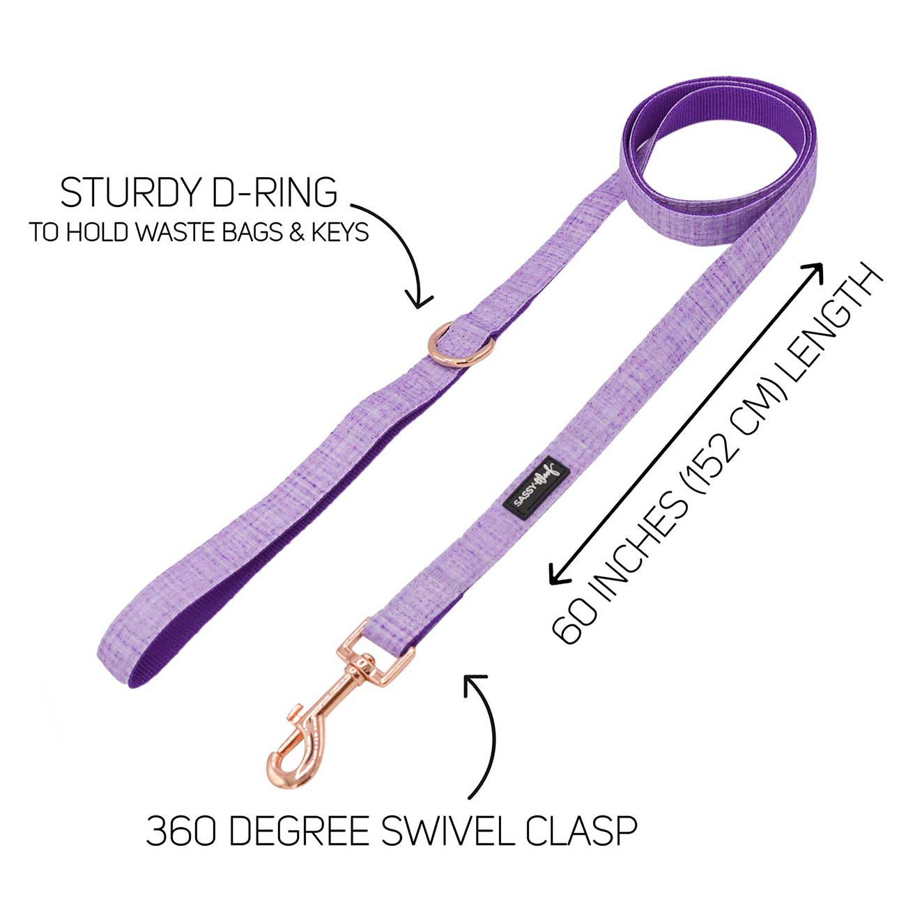 Purple dog leash with features highlighted on a white background