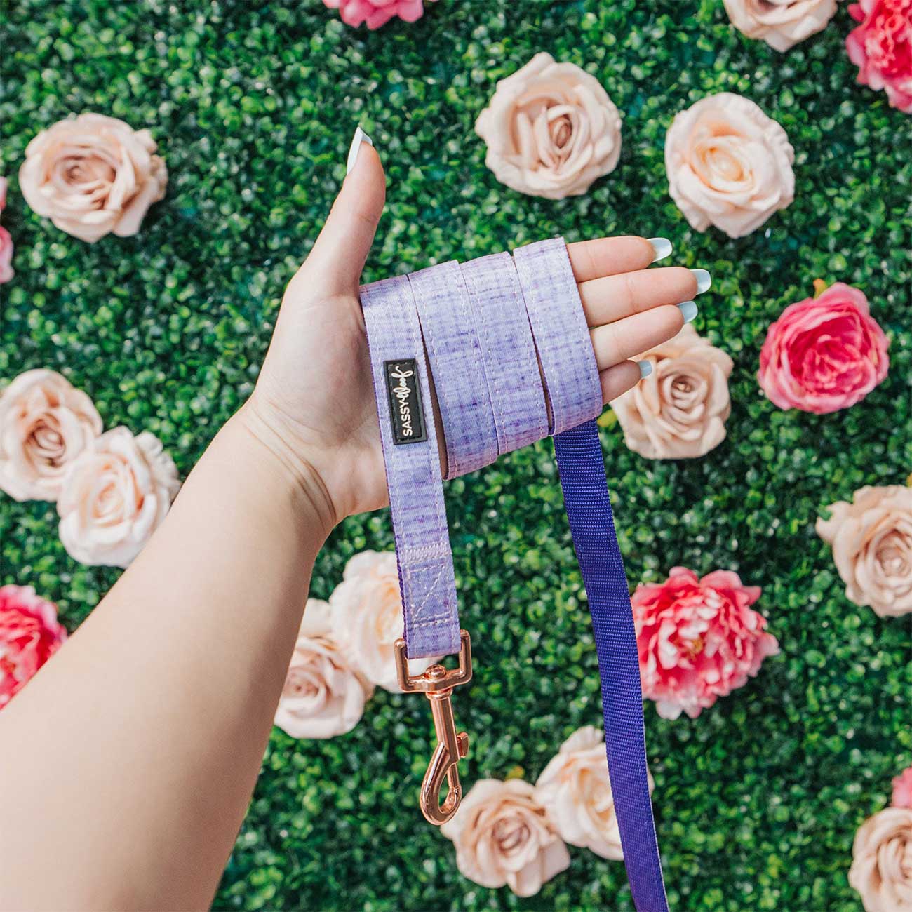 Hand holding a purple dog leash with a brand logo against a floral background