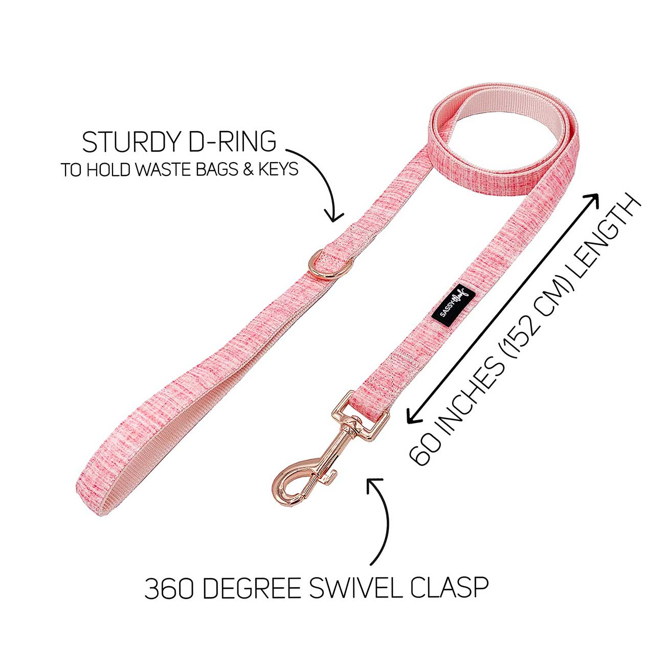 Pink dog leash with features labeled on a white background