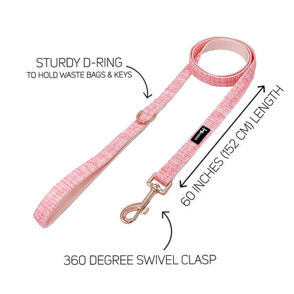 Pink dog leash with features labeled on a white background