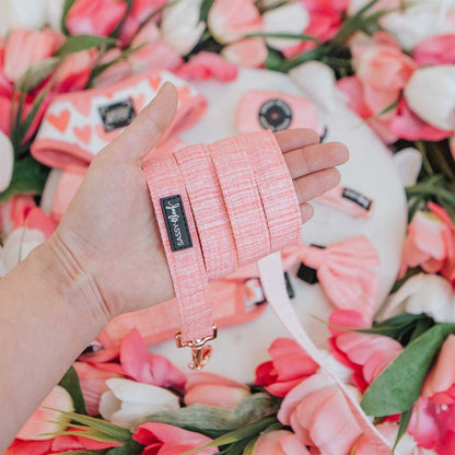 Pink dog leash held by a hand with floral background